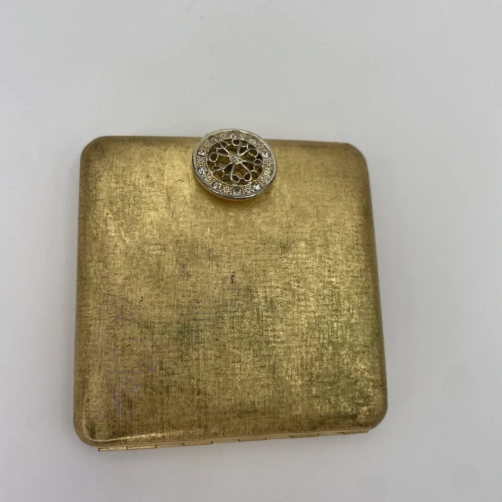 Vintage Gold Tone Metal Rhinestone Clasp Mirror Powder Compact Box Avon Imperial